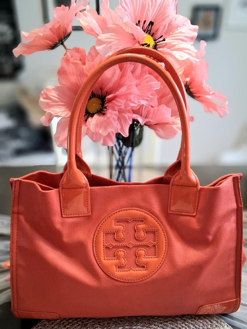 TORY BURCH ELLA CANVAS & PATENT TOTE PUMPKIN ORANGE